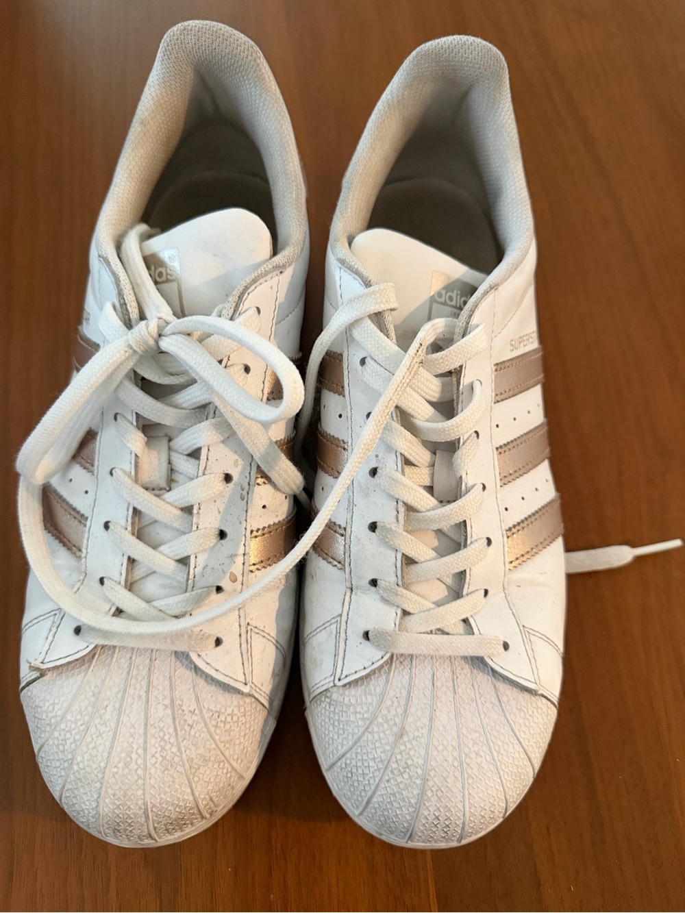 adidas White Sneakers with Metallic Rose Stripes